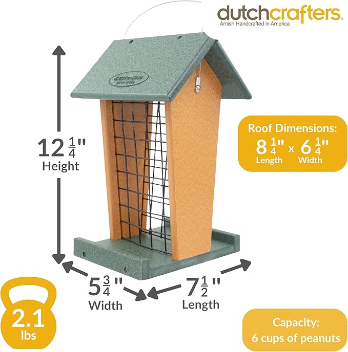 DutchCrafters Plastic Poly Hanging Whole Peanut Bird Feeder for Large Birds, Woodpeckers, Blue Jays for Outdoor, Garden, Yard - USA Amish Made (Turf Green & Cedar)