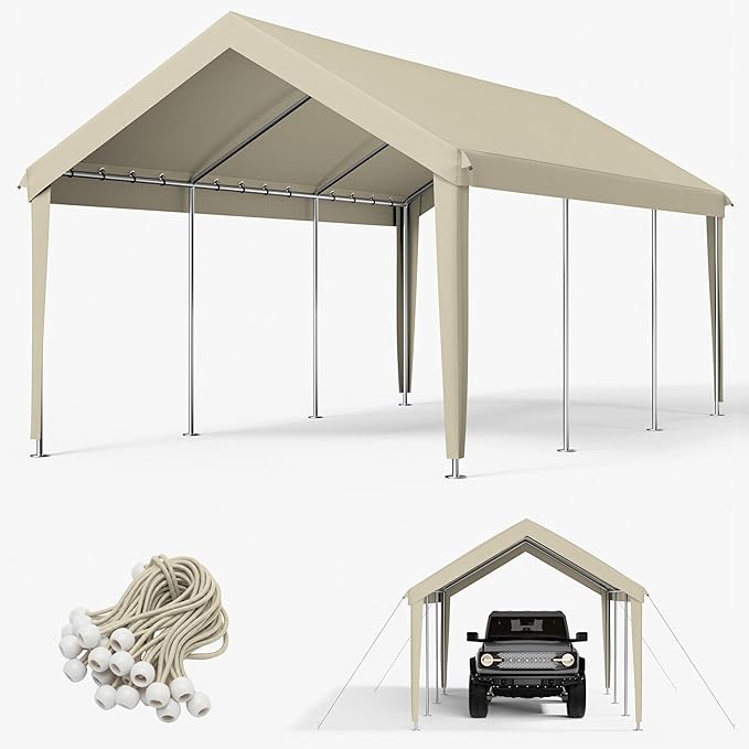 12 x 20 Ft Carport Replacement Cover, Heavy Duty Outdoor Car Tarp Canopy, Waterproof & UV Protected Tear Oxford Tarp with Ball Bungees (Frame is Not Included)
