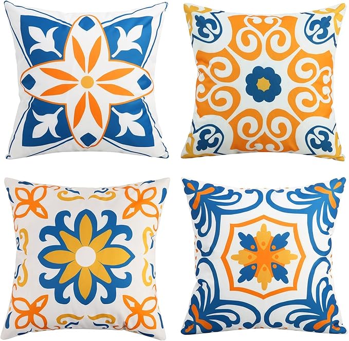 Pyonic Outdoor Pillow Covers 16x16 Spring Summer Garden Waterproof Throw Pillow Covers Cushion Case Patio Pillows for Couch Tent,Set of 4 Yellow and Blue