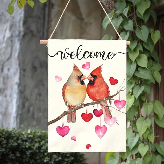 Welcome Valentine's Day Garden Flag Cardinal Love Heart Vertical Double Sided House Banner Holiday Anniversary Wedding Red Birds Large Yard Flags Farmhouse Valentines Day Decor 28 x 40 Inch