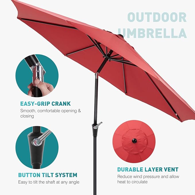 OLIXIS 9FT Patio Table Umbrella with Tilt and Crank Button & 8 Sturdy Ribs Waterproof, 9 Feet Outdoor Patio Umbrella Sun Shade for Poolside, Terrace, Beach and Restaurant, Red