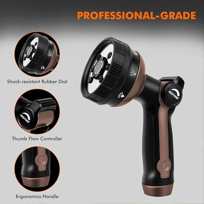 RESTMO Full Shower Hose Nozzle, Metal Spray Nozzle for Garden Hose, 8 Spray Patterns, Water Hose nozzle with Thumb Control, Ideal for Outdoor Lawn & Plant Watering, Car & Pet Washing, Brown