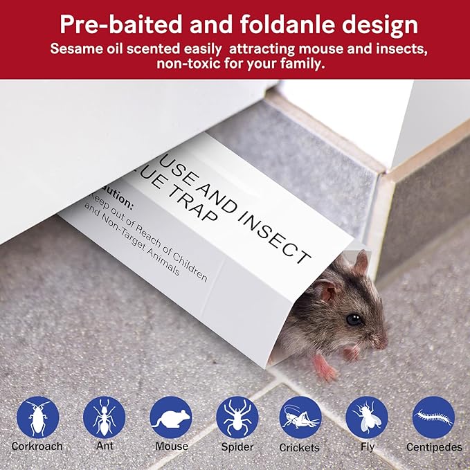 Mouse & Bugs Roach Spider Insect Traps, 76 Pack Glue Traps for Mice Ant Snake Rats, Sticky Pest Control Adhesive Tray for Catching, Sesame Oil Scent Non Toxic Pre-Baited Glue Boards Indoor Home