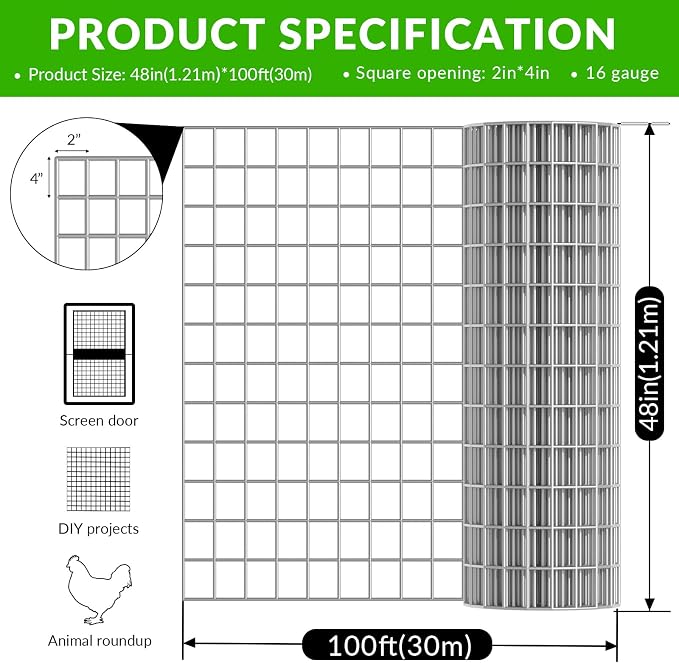 Welded Wire Fence 2‘’x 4‘’ 48 x 100 ft,Vinyl Coated Welded Wire Mesh Roll,16GA Heavy Duty Galvanized Chicken Wire Fencing, Hardware Cloth for Yard Vegetable Protection Goat & Poultry Netting