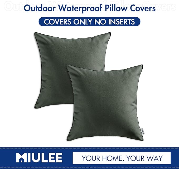 MIULEE Pack of 2 Decorative Outdoor Waterproof Pillow Covers Square Garden Cushion Sham Throw Pillowcase Shell for Spring Patio Tent Couch 20x20 Inch Dark Gray