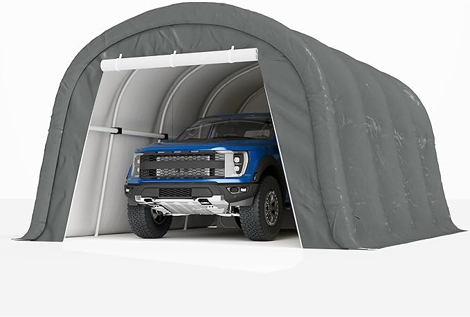 COSIEST 13'×20' Storage Shelter Outdoor Round Carport, Heavy-Duty Garage Canopy with Dual Roll-Up Doors Weatherproof PE Cover, Multi-Purpose Vehicle/Tractor Shed for Backyard/Driveway/Farm(Gray)