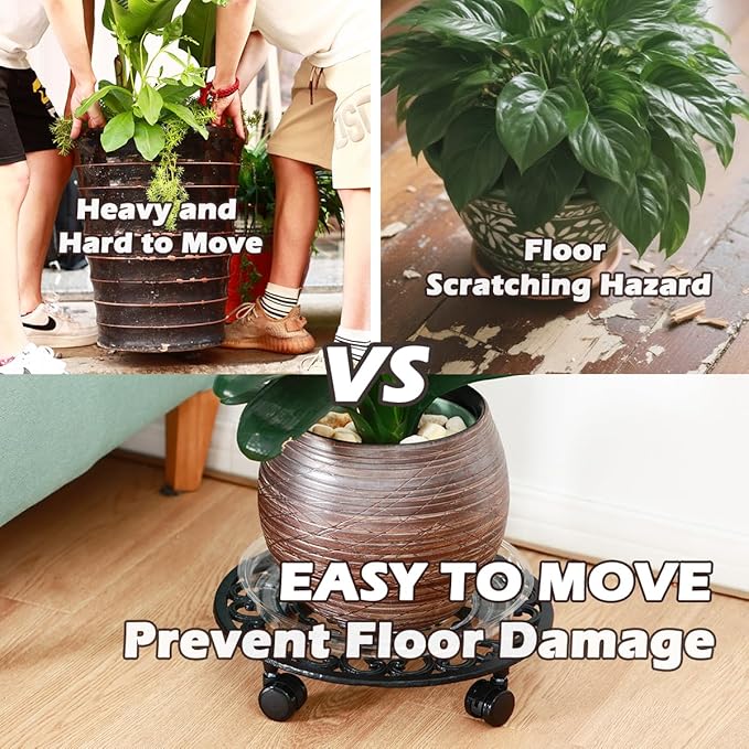 2 Packs 14 Inch Rolling Plant Stand with Wheels Metal Plant Caddy with Wheels Heavy Duty Round Plant Stand Indoor Iron Plants Rollers for Plants, Plant Dolly Planter Caddies