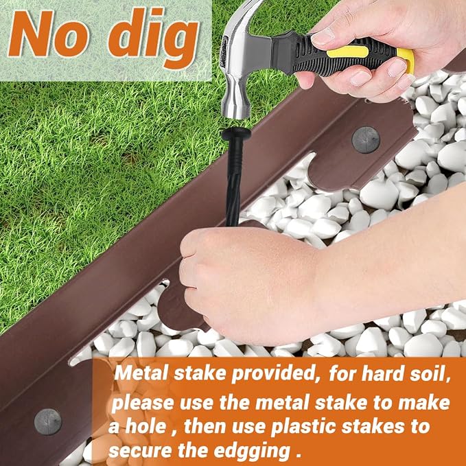 Landscape Edging 2in x 66FT Garden Edging Kit with 120 Spikes (66feet-Brown)
