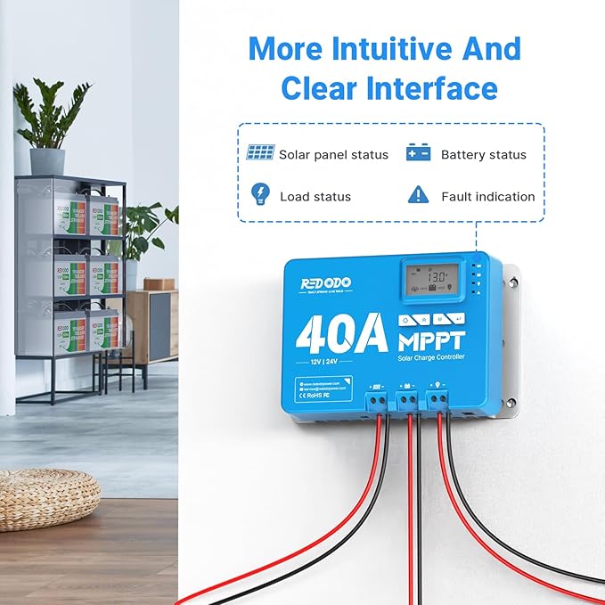 Redodo 40 Amp MPPT 12V/24V DC Input Solar Charge Controller with Built-in Bluetooth Module, Parameter Adjustable LCD Display LED Indicators