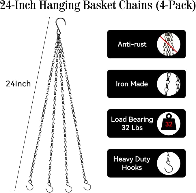 ZeeDix Complete Hanging Basket Kit – 2 Pack 16 Inch Wire Baskets with Coco Liners + 4 Pack 24 Inch Heavy Duty Black Chains for Indoor & Outdoor Garden, Patio, Balcony
