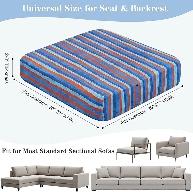 8 Pack Outdoor Cushion Covers Water Resistant High Stretch Fit Patio Cushion Covers 180g Couch Seat Slipcovers Machine Washable Pet & Kids Friendly Home Refresh 20-27 Inch, Teal Stripe