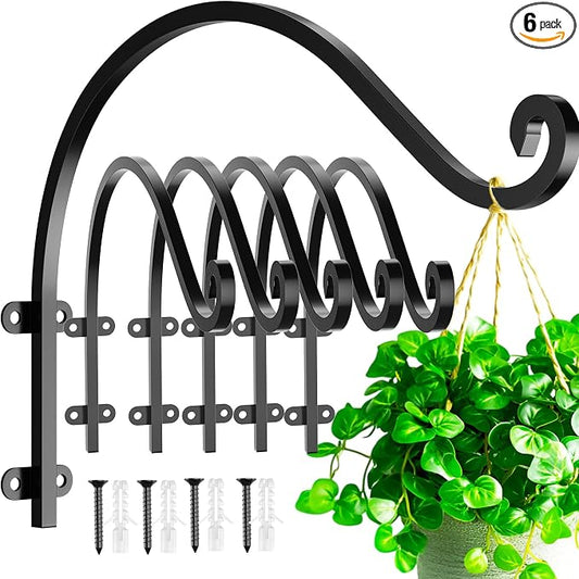 6 Pack Heavy Duty Plant Hanger Bracket, 16Inch Hanging Brackets for Plants Outdoor and Indoor, 80lbs Holding Capacity Metal Plant Wall Hooks, Black Hanging Plant Brackets for Flower Wind Bird Feeder
