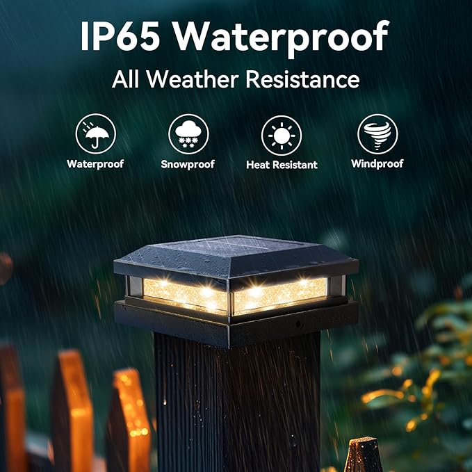 Solar Post Cap Lights Outdoor 12 Packs for 4x4 4.5x4.5 5x5 Vinyl/Wooden Posts, Waterproof Solar Powered Fence Post Light with Warm/Cool Lighting, Black 16LEDs Deck Cap Light for Garden, Patio, Porch