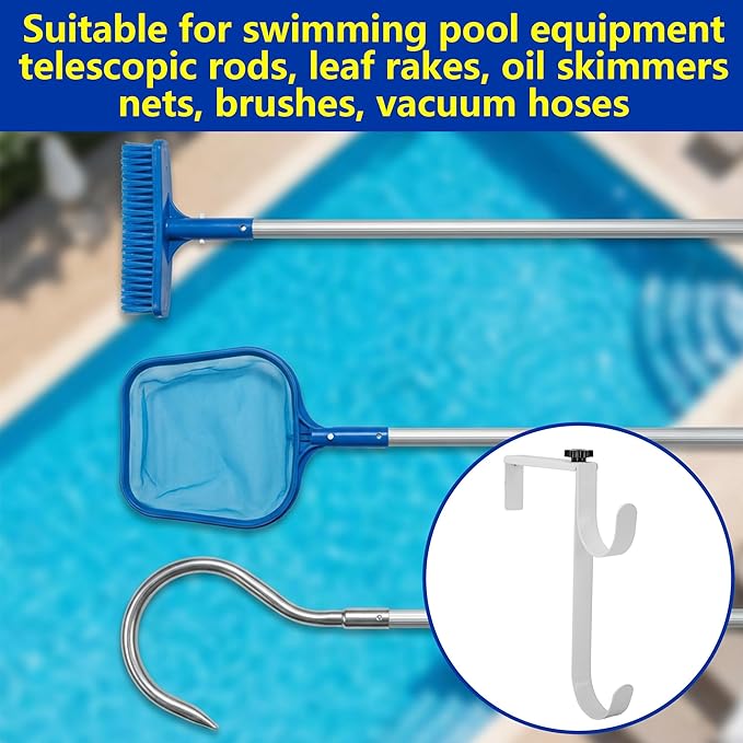 2 Pcs Double Pool Fence Hooks for Pool Equipment, Adjustable Pool Pole Hanger Holder, Rustproof Swimming Pools Skimmer Pole Hooks for Hanging Tool, Hose, Leaf Rakes, Nets Pool-Accessories (White)