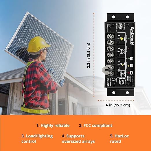 Morningstar SunSaver 10A PWM Solar Charge Controller (SS-10-12V) - Regulator for 12V Batteries, Four Stage Battery Charging, HazLoc Rated, Low Noise, 5 Year WTY - Designed in The USA