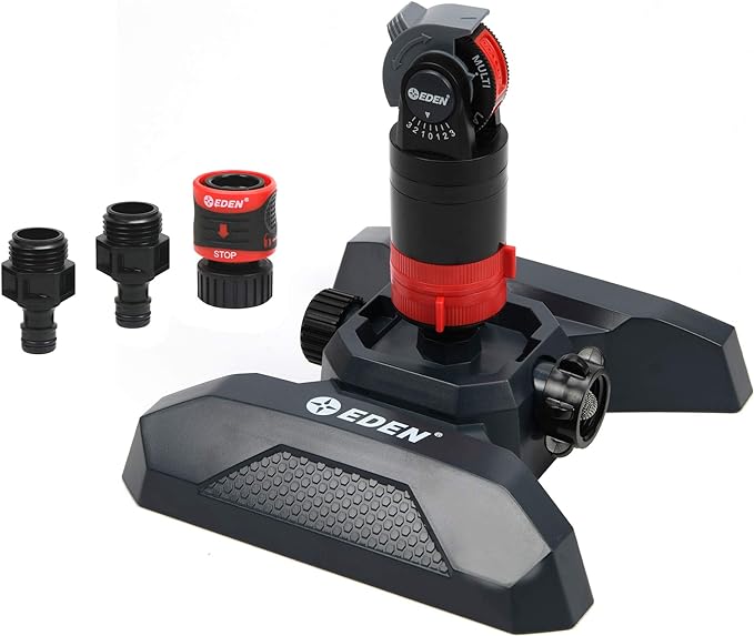 Eden 11530 Multi-Pattern Turbo Gear Drive Metal Tripod Sprinkler Plus Misting System & 94124 Multi Pattern Turbo Gear Drive Sprinkler Plus Misting System, with Quick Connect Set, 360 Degree Coverage