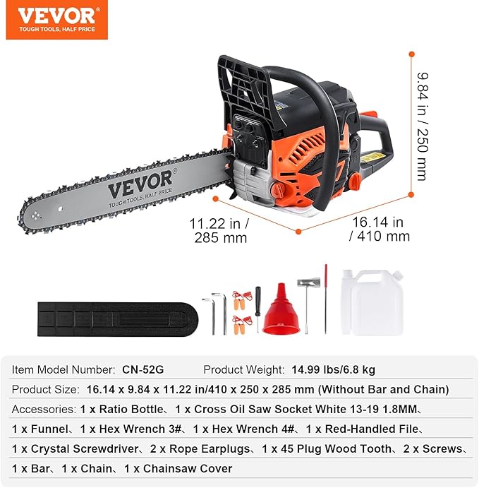 VEVOR Gas Chainsaw 52CC 2-Cycle Gasoline Powered Chainsaw 18 Inch Handheld Cordless Petrol Chain Saws For Forest, Wood, Garden and Farm Cutting Use
