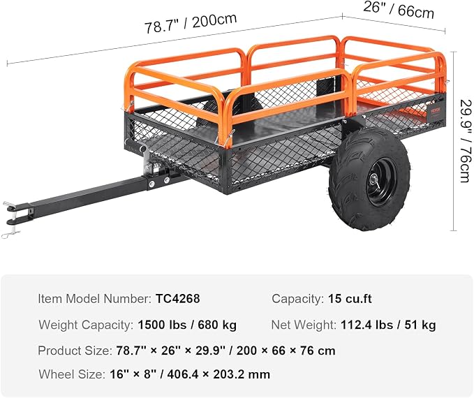 VEVOR ATV UTV Trailer Tow Behind Dump Cart, 1500lbs 15 Cubic Feet, Heavy Duty Yard Garden Trailer Pull Behind Dump Trailer for Lawn Mower Tractor