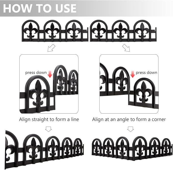 Evelyne Black Garden Border Plastic Edging – PP Plastic, Metal-Free Wrought Iron Look Design, 15pcs Black Yard Landscaping Fence Liner Lawn Edge Barrier, 20ft Kit of Decorative Lawn Landscape Panels