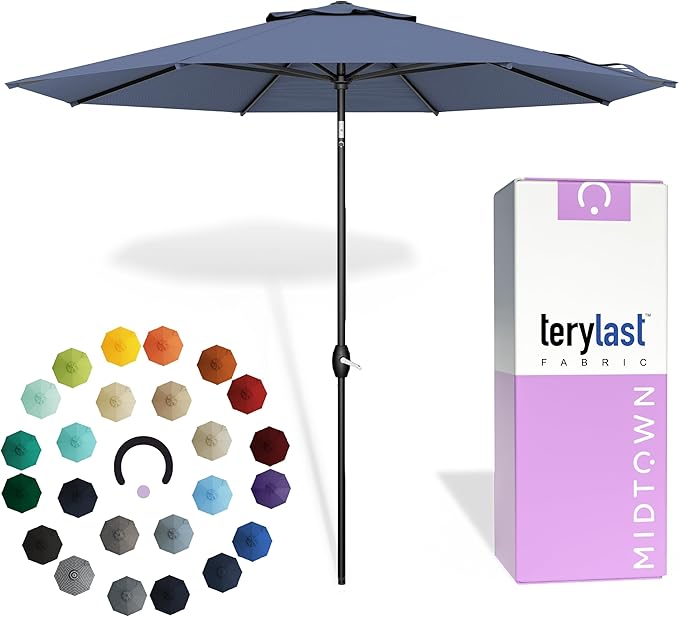 Midtown Umbrellas - 10-Year-No-Fade 6 Ft Patio Umbrella with Terylast Fabric, Auto-Tilt Aluminum Frame and 8 Reinforced Ribs for Deck, Pool, Garden & Beach - Pale Navy Canopy, Black Pole
