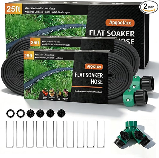 Flat Soaker Hose 25 ft 2-Pack with Splitter, 80% Water-Saving Drip Irrigation Hose 50 ft, Linkable DIY Garden Soaker Hose System for Garden Beds, Lawn, Vegetables & Trees (25ft 2-pack)