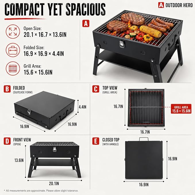 Portable BBQ Charcoal Camping Grill: Tabletop Folding Barbecue Grills with Fire Starter Kit and BBQ Grilling Tool Set, Fathers Day Birthday Grilling Gift for Men Dad Husband