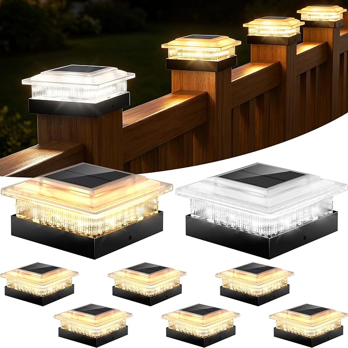 4x4 40 Lumens Post Solar Lights 8 Pack, Fence Post Solar Lights 4 Lighting Modes Solar Post Cap Lights for 4x4 3.5x3.5 Wood/Vinyl Posts, IP67 Waterproof Post Lights for Fence Mailbox Porch Post