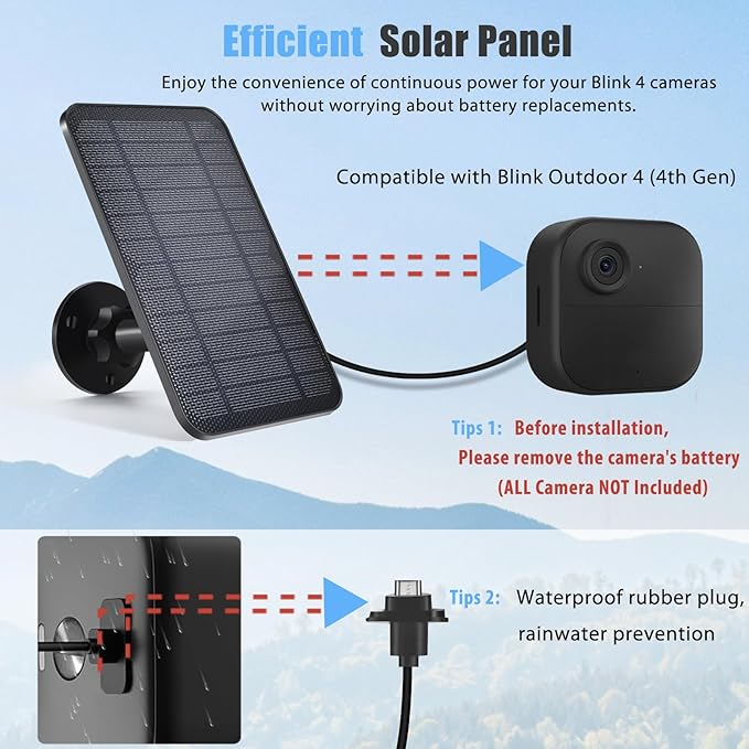 Solar Panel for Blink Outdoor Camera 4, 4W Solar Panel Compatible with Blink Outdoor 4 (4th Gen) Camera, USB-C Port，Waterproof Rubber Plug, 13.12ft Charging Cable and 360°Adjustable Mount 2 Pack