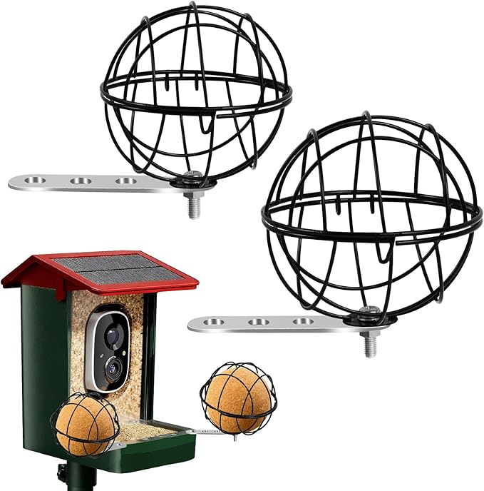 Metal Suet Ball Holder, Black Bird Suet Ball Cage Durable Bird Feeder Accessories with 5mm Screw Hole and 2PCS Perch Extender Compatible with Outdoor Smart Feeders (2 PCS-Dia 3.15", Dia 2.75")