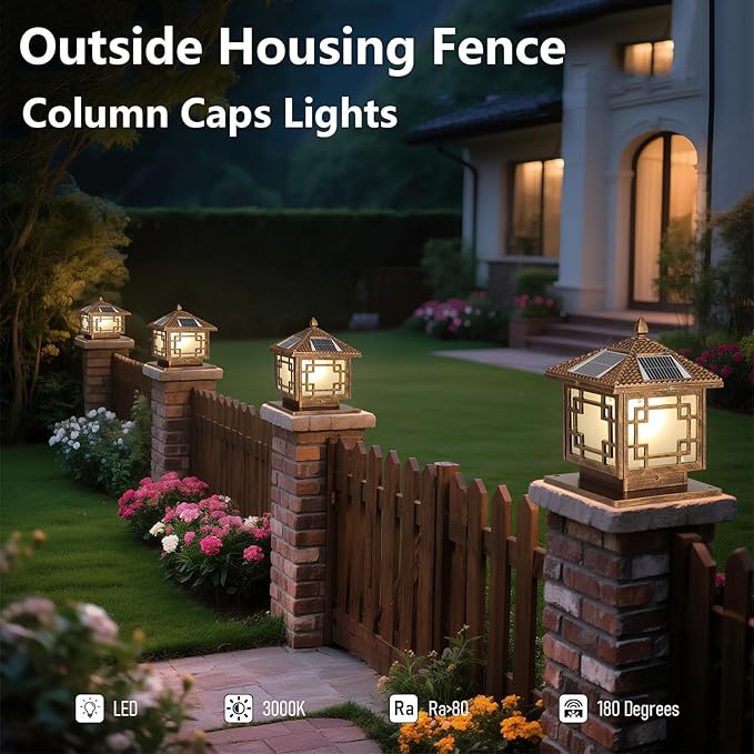 SLAWA Outside Housing Post Lighting Fixtures 9.8In Solar Post Caps Lights Bronze Aluminium Waterproof Column Light Outdoor Solar Powered Landscape Lighting Porch Pillar Lamp Fence Deck Mailbox Lantern