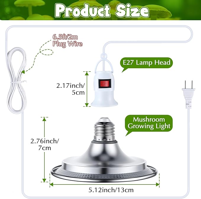 Meonum 1 Pack Hanging Mushroom Grow Light, E27 LED Grow Lamp for Indoor Plants, Decorative 6000K Blue & 5000K White Spectrum, 4.9FT Cord with Switch, Unique Mushroom Plant Light