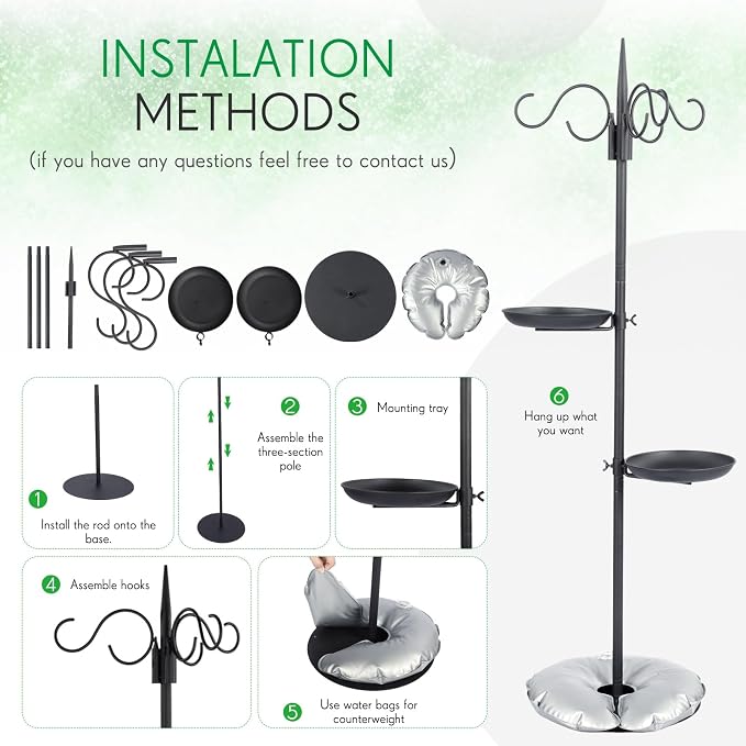 2 Sets 75.9" Shepherd's Hook Stand for Hanging Plant, Bird Feeder, Waterproof Metal & Adjustable Standing Pole Holder for Indoor Outdoor, with 2 Rotatable Rack & Weight Bag (3 Hooks)
