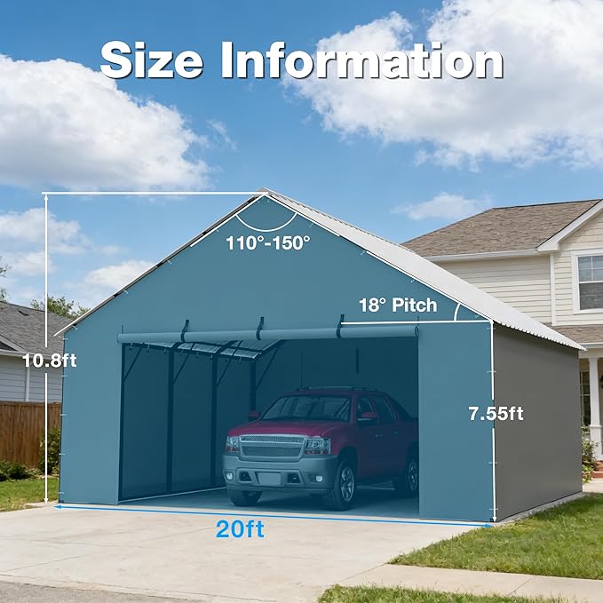 Metal Carport Zipper Door Replacement Fits 20'x16' 20'x20' 20'x25' 20'x26'Heavy Duty 220g PE Tarp, Waterproof UV Resistant Roll-Up Cover with Bungees, Gray (No Frame)