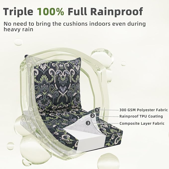 Favoyard Outdoor Deep Seat Patio Cushions Set, 22 x 22 Inch Rainproof & 3-Year Fade Resistant Patio Furniture Cushion, Removable Bottom & Back Cushion with Ties for Yard, Garden, Green Floral