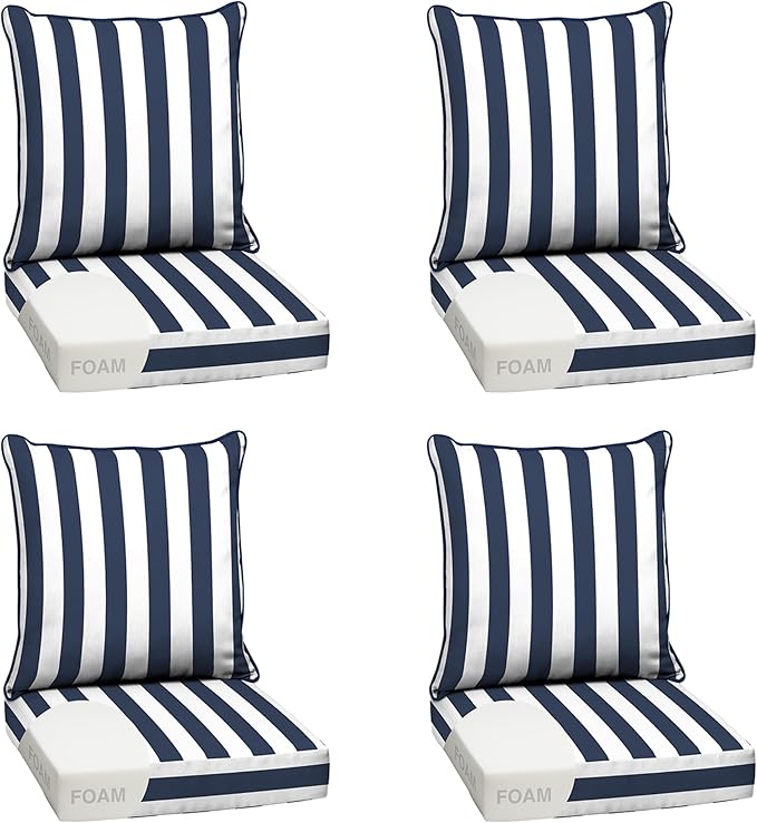 Arden Outdoor Foam Deep Seat Cushion Set (4-Pack), 24x24, Premium High-Density Foam, Never Flattens, Weather-Proof for Patio Chair Sofa Couch, Sapphire Blue Cabana Stripe