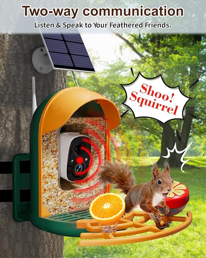 Smart Bird Feeder with Camera, Solar Powered Wireless Birds 2K HD Camera with APP Control, Night Vision, Motion Detection Alerts, IP66 Outdoor Birdfeeder for Backyard Garden Bird Watching, Green