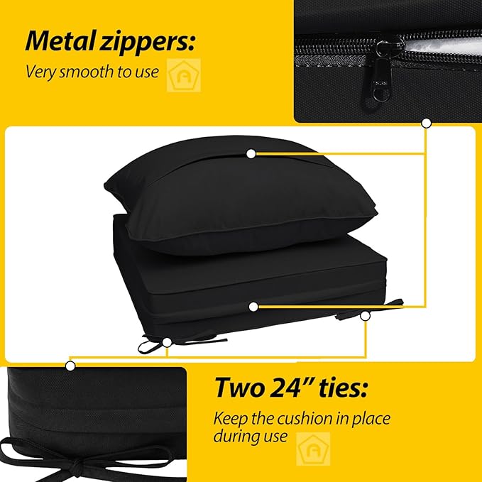 AAAAAcessories Outdoor Seat Cushions for Chairs, Fade-Resistant, Waterproof Patio Furniture Replacement Cushions, 24" x 24" x 5" + 24" x 19", Charcoal Black