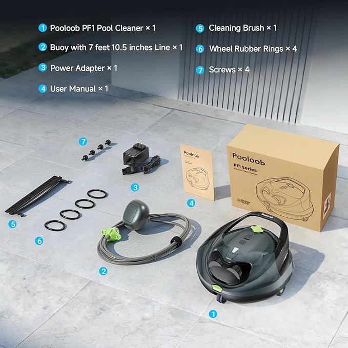 Pooloob PF1 Cordless Pool Vacuum Cleaner Robot: 150 Min Runtime, Triple Layer Filtration, Floor Only Cleaning for Above/In Ground Pools up to 1345 Sq.Ft, Includes Floating Buoy with 8Ft Tether