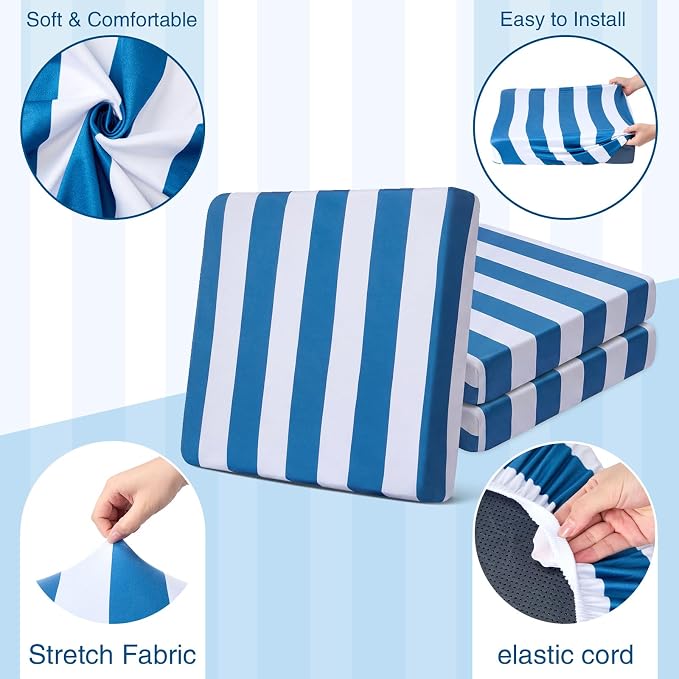 Newwiee 12 Pcs Patio Stretch Outdoor Cushion Covers Sofa Couch Cover Replacement Couch Slipcover Sofa Seat Chair Porch Patio Furniture Protector, Flexibility Washable (Blue White,Stripes)