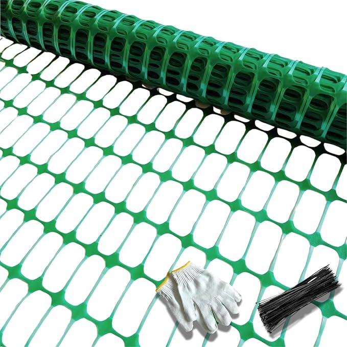 PotatoLife Plastic Mesh Fence, Extra Strength 40''x100' Roll with 50 Zip Ties, Resuable Temporary Netting for Garden Fencing, Snow Fencing, Animal Barrier, Poultry, Deer, Dog, Construction, Green