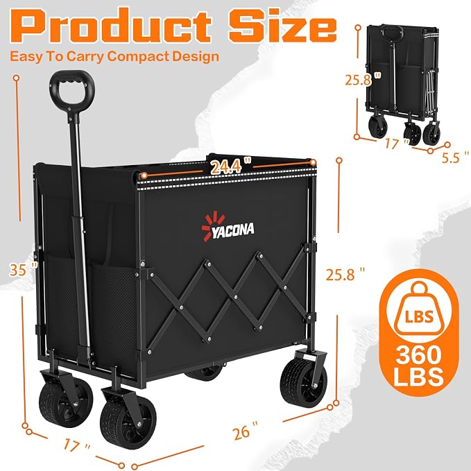 360LBS Wagons Carts Foldable, 240L Lightweight Wagon with All Terrain Wheels, Collapsible Wagon Cart for Grocery, Camping, Beach, Garden & Sports