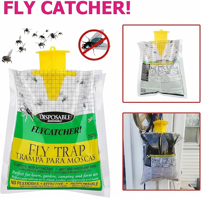 Fly Trap Bags 8 Pack Outdoor Hanging - Disposable Fly Catcher Mess-Free Bug Bags for Yard Garden Farm & Horse Ranch