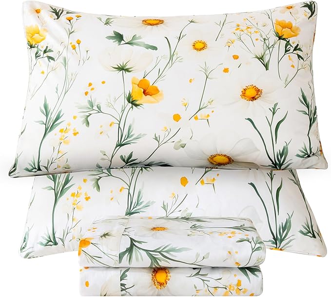 QSH 4PCs Green Floral Egyptian Cotton Sheets King Size,Yellow Platycodon Flowers Botanical Pattern Printed Bedding Sheets King Aesthetic Extra Soft and Breathable 17.5" Deep Pockets Bed Sheet