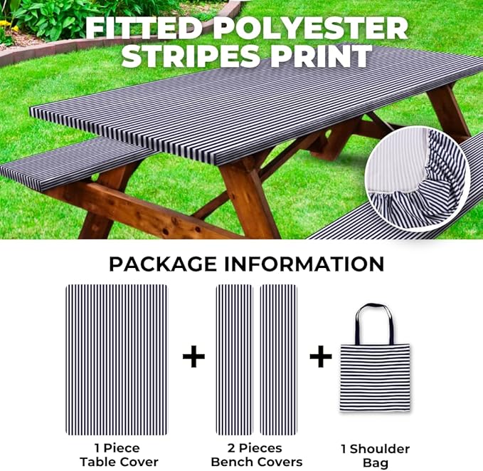 RNOONY 6ft Polyester Picnic Table Cover with Bench Covers Windproof & Waterproof Tablecloth, Perfect Camping Gifts RV Essentials, Cool Camping Gadgets, with Carrying Bag, 72x30 Inch 4Pcs,Blue Striped