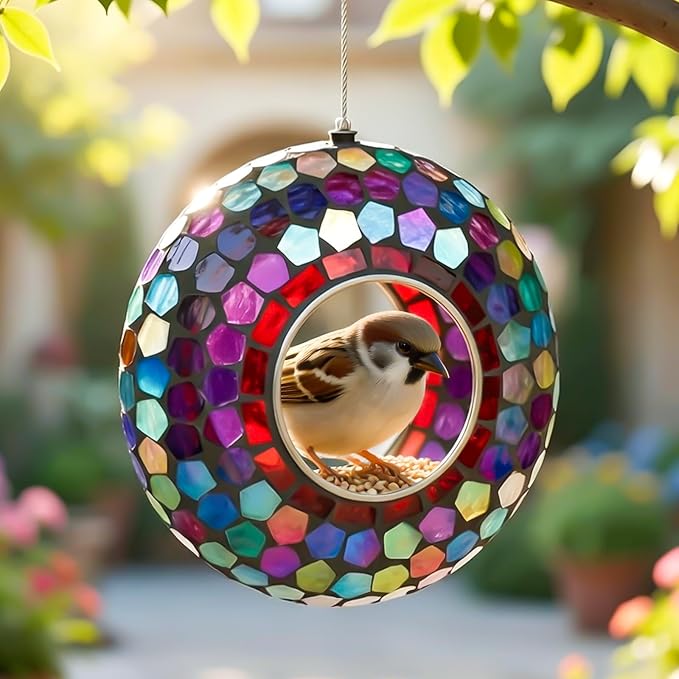 6 Inch Mosaic Glass Hanging Bird Feeder for Outdoors，Fly Through Bird Feeders for Wild Birds, Cute Seed Container with Round Shape for Backyard Window Garden Porch Decor, Aurora Purple Mosaic