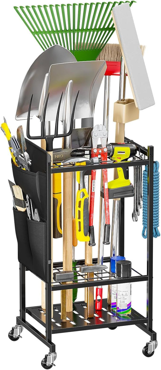 Garden Tool Organizer, Yard Tool Holder Rack with Hooks and Pockets, Rolling Heavy Duty Metal Garage Tool Storage Cart for Outdoor, Black