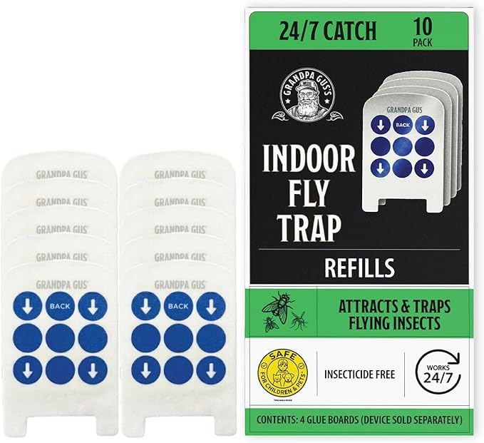 Grandpa Gus’s Indoor Fly Trap Refill Glue Boards 10 Pack - Sticky Replacement Cards for Flies, Gnats, Fruit Flies, Mosquitoes & Moths - Plug-in UV Light Trap Refills for Indoor Flying Insect Control