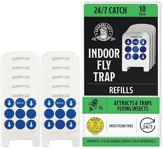 Grandpa Gus’s Indoor Fly Trap Refill Glue Boards 10 Pack - Sticky Replacement Cards for Flies, Gnats, Fruit Flies, Mosquitoes & Moths - Plug-in UV Light Trap Refills for Indoor Flying Insect Control