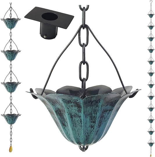 8.5FT Lotus Antique Blue Color Iron Rain Chains for Gutter and Rain Barrel, Rust-Resistant Plated Garden Décor Rain Chain for Downspout, Bonus Rain Chain Gutter Adapter