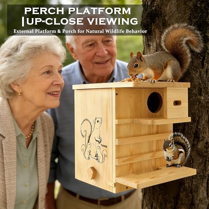 Extra Large Outdoor Squirrel House, Wooden Nesting Box | 0.7-inch pine with weather-resistant finish, external platform, front porch, ventilation and easy tree or fence mounting